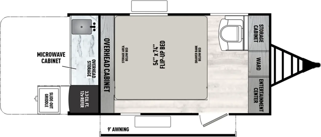 The Clipper 9000 Series & 12000 Series 13000ROK floorplan has one entry and zero slide outs. Exterior features include: metal exterior and 9' awning. Interiors features include: rear kitchen.